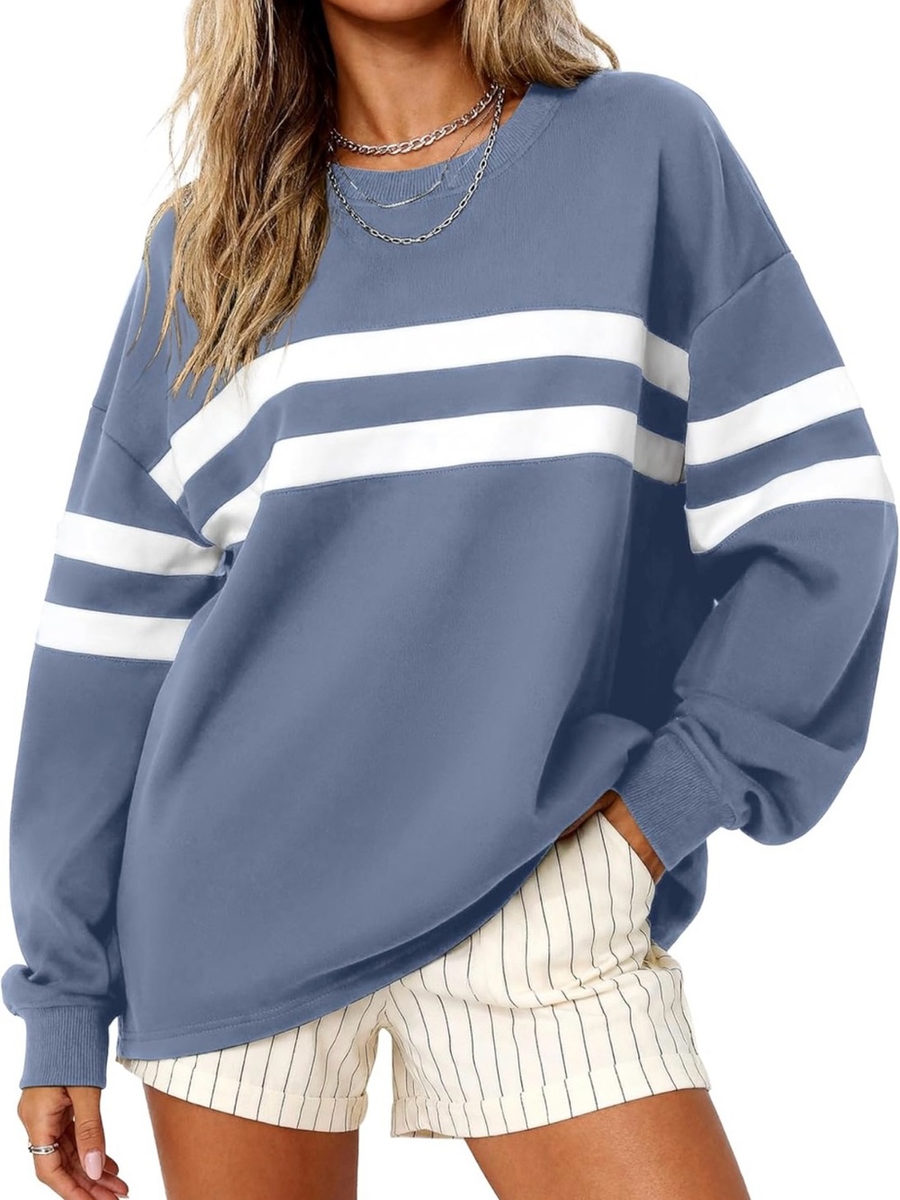 Women's Slate Blue Crewneck Sweatshirt with White Stripes